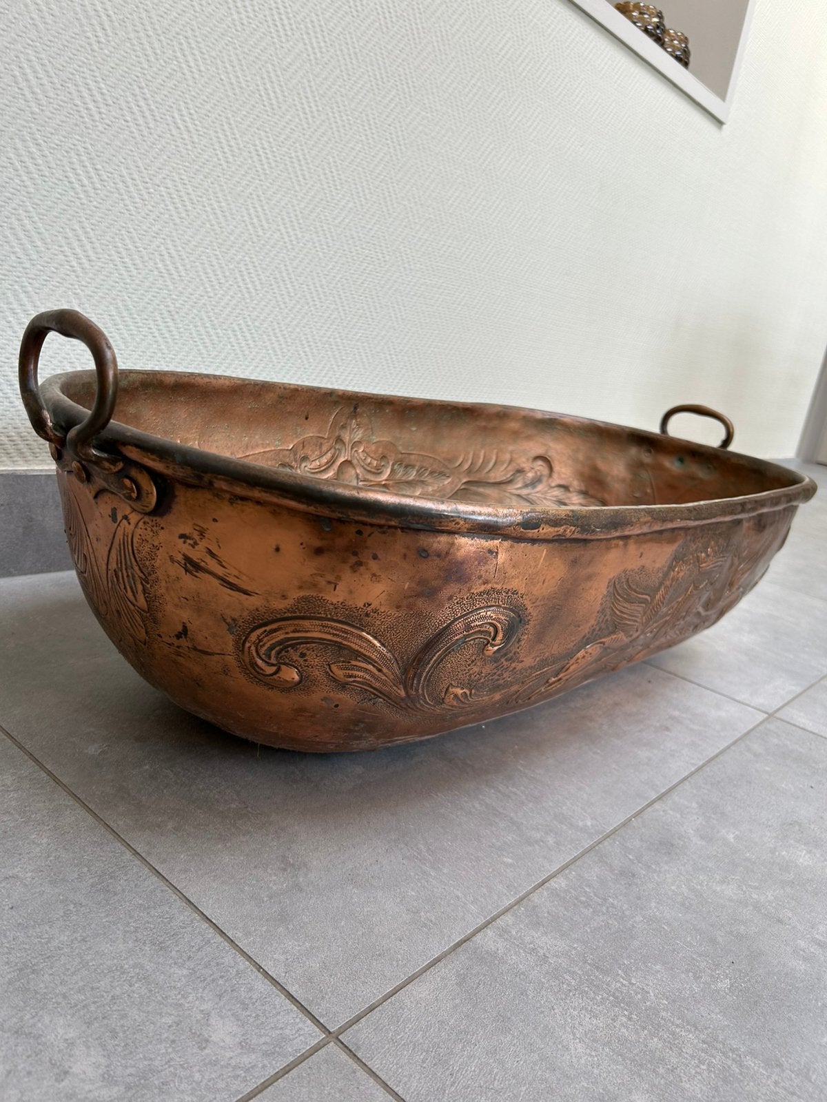 Antieke koperen jardinière / kuip – 90 cm – rijk gedecoreerd, Ophalen, Koper