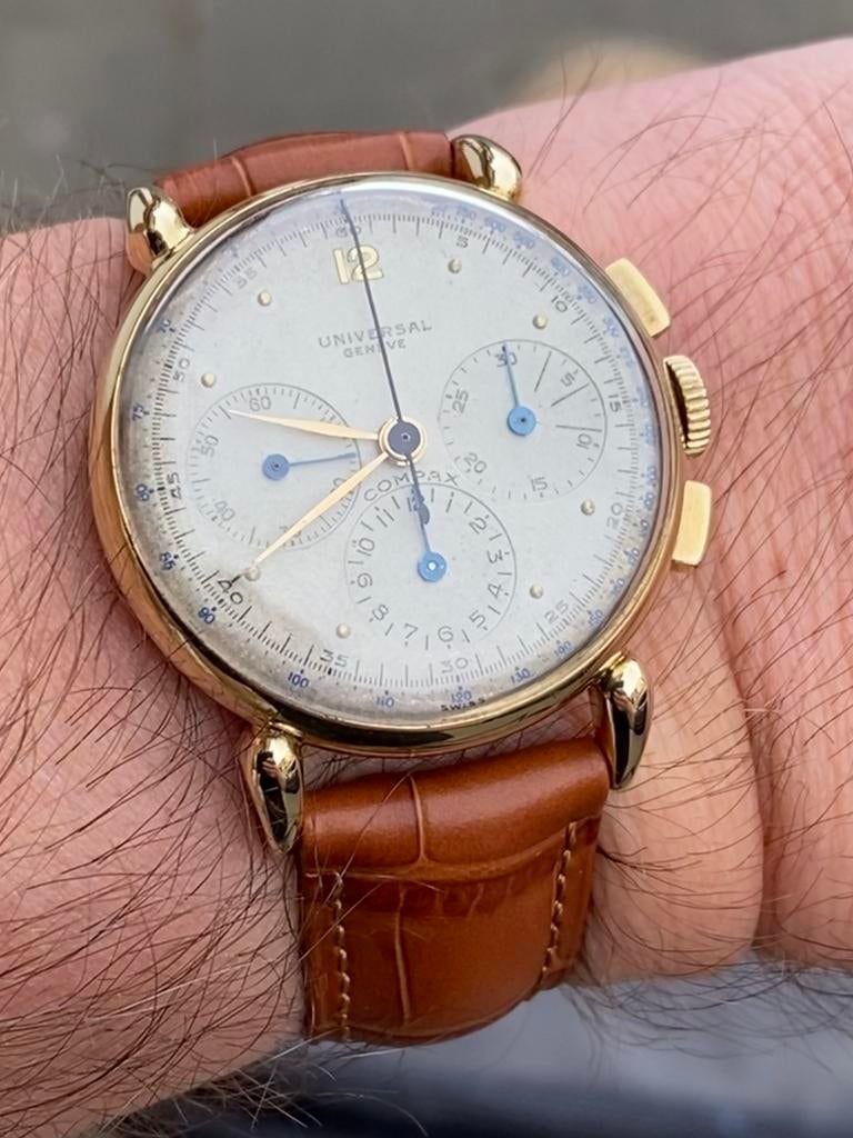 UNIVERSAL GENEVE COMPAX 14K TEAR DROP LUGS, Overige merken, Polshorloge, 1930 tot 1960, Ophalen of Verzenden