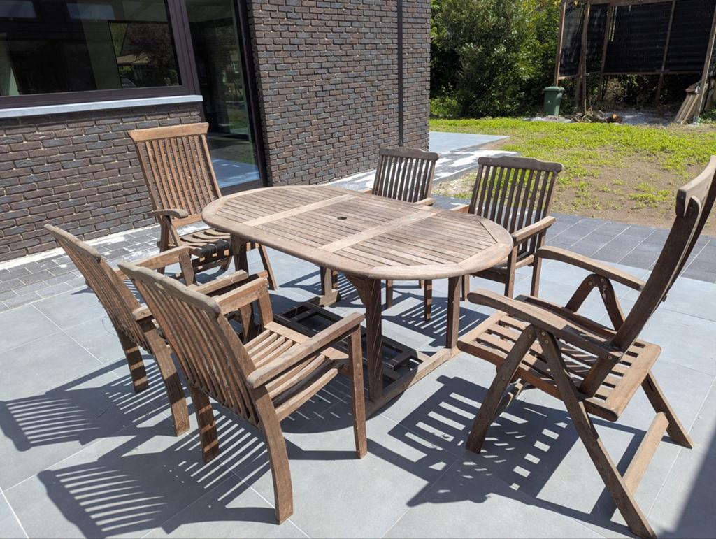 Teak tuinmeubelset 6 personen, Tuin en Terras, Ophalen, Gebruikt, 6 zitplaatsen, Teakhout