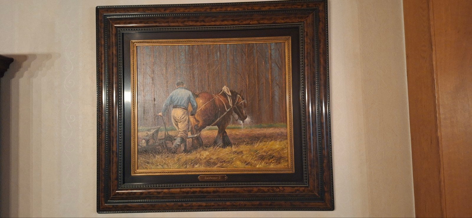 schilderij.  boerenpaard met boer van G.Quidousse, Enlèvement