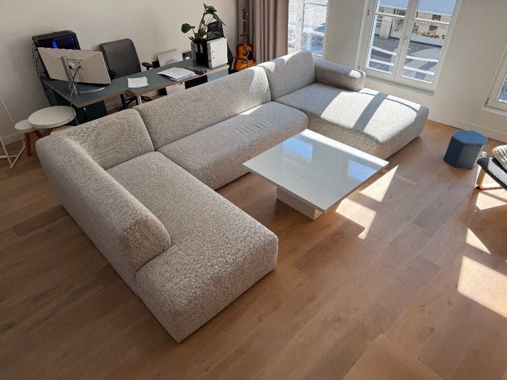 bijna nieuw stoffen hoeksalon, Neuf, 150 cm ou plus, Quatre personnes ou plus, Enlèvement