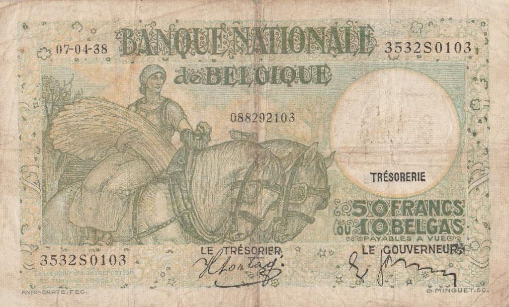 50 Frank/10 Belga 1938 – België, Ophalen of Verzenden, Los biljet