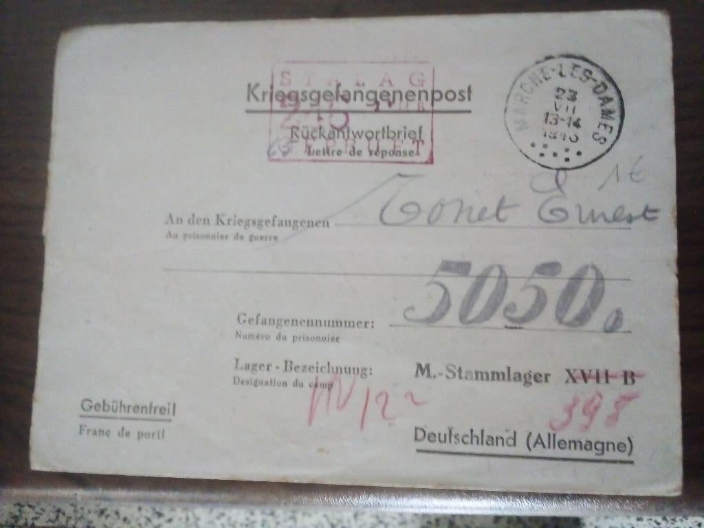 Belgique courrier prisonnier de guerre vers l'allemagne, Autre, Affranchi, Avec enveloppe, Envoi