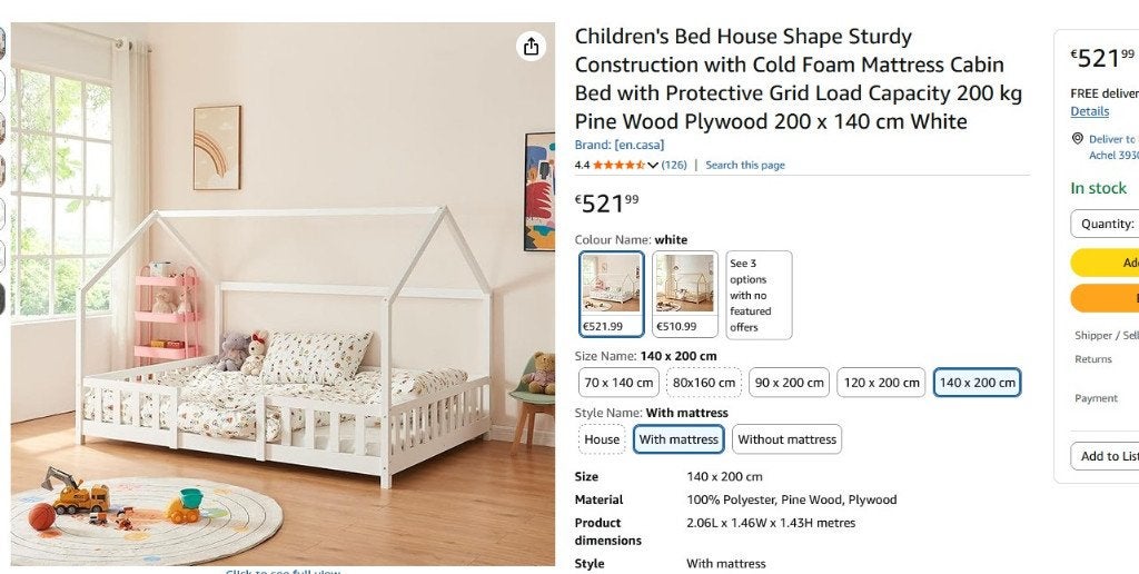 Kinderbed in huisvorm 140x200 cm+matras €320 onderhandelbaar, Kinderen en Baby's, 180 cm of meer, Ophalen, Lattenbodem, 100 cm of meer
