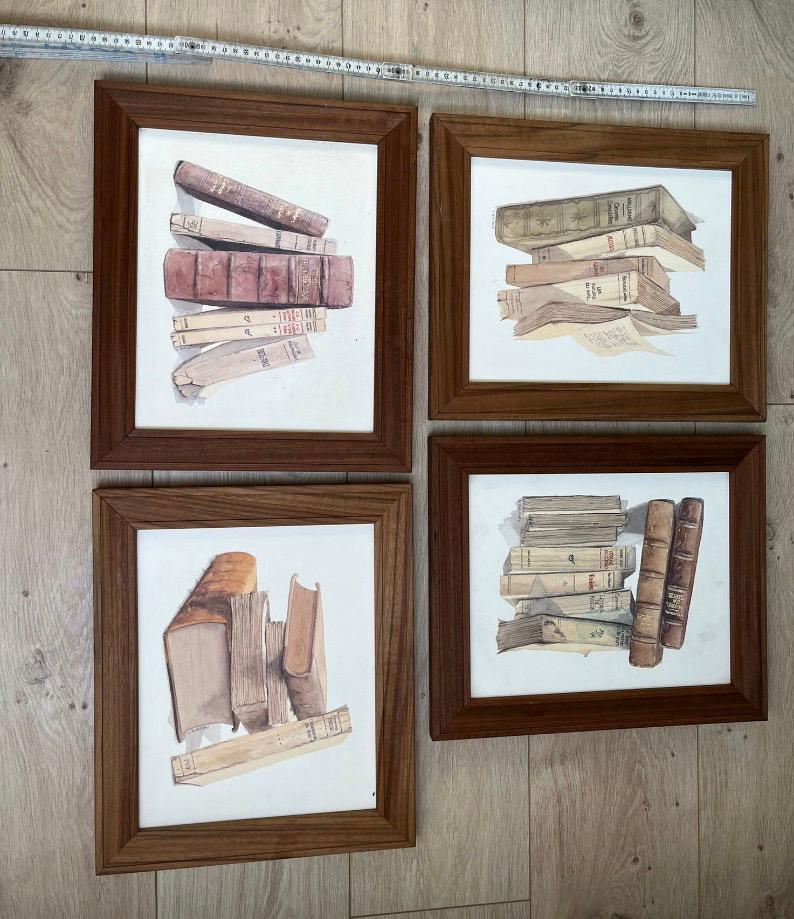 Set van 4 schilderijen met boeken – gesigneerd V. Baudry, Antiek en Kunst, Ophalen