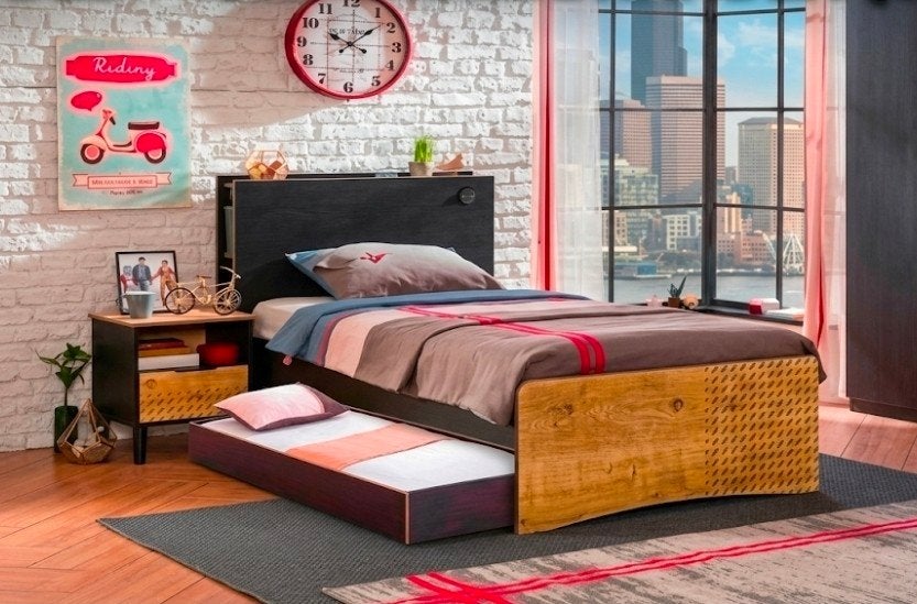 1-persoonsbed "New York" + Bedlade, USB & Opbergruimte, Ophalen, 100 cm, Eenpersoons, Zwart