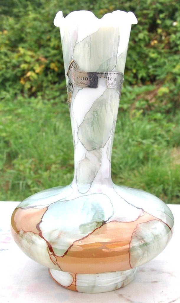 vase ventru en verre marbré vert brun blanc, Ophalen of Verzenden