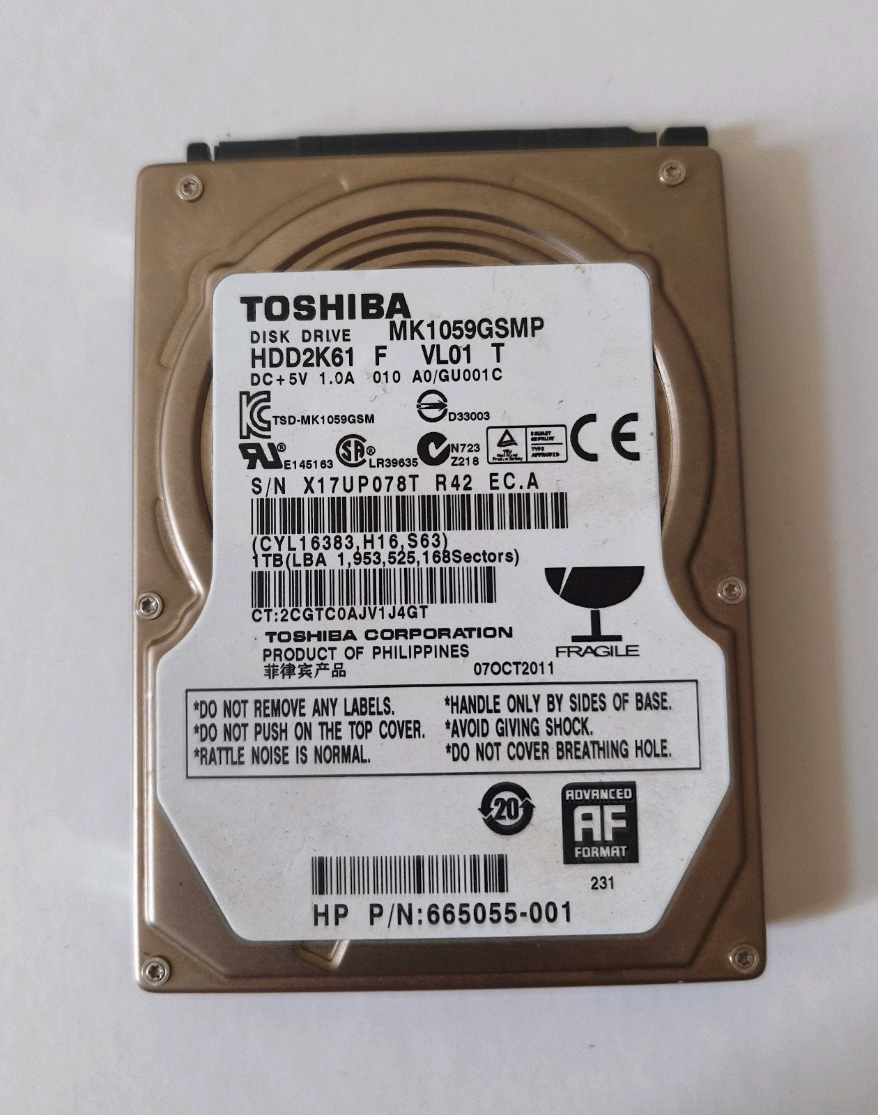 TOSHIBA MK1059GSMP HDD2K61 interne harde schijf van 1 TB, Toshiba, Ophalen of Verzenden, Zo goed als nieuw, Laptop