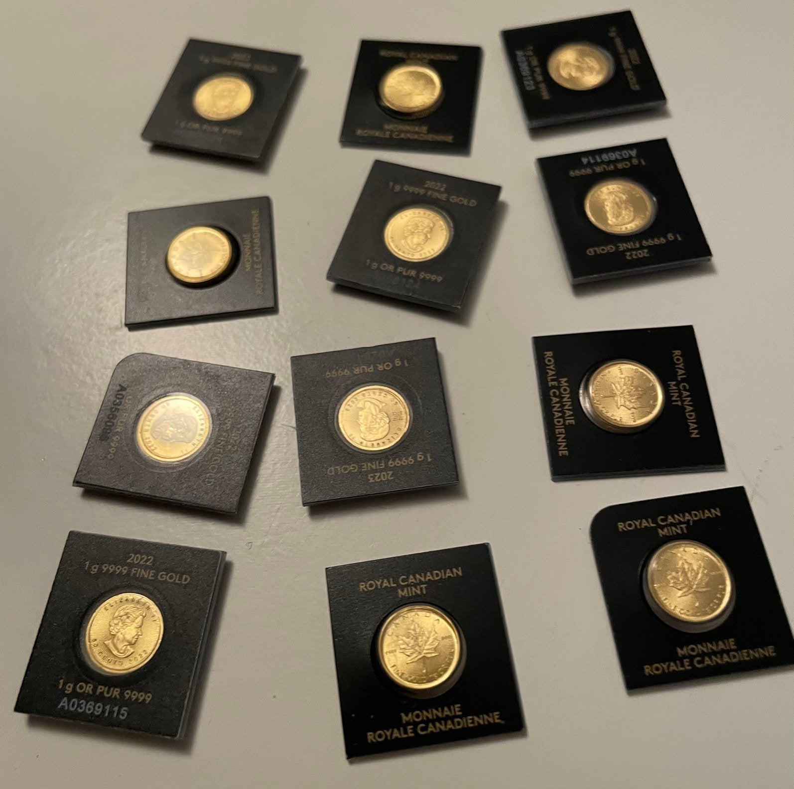 12st. Maple Leaf 1 gr. puur goud muntjes, Postzegels en Munten, Ophalen of Verzenden, Goud