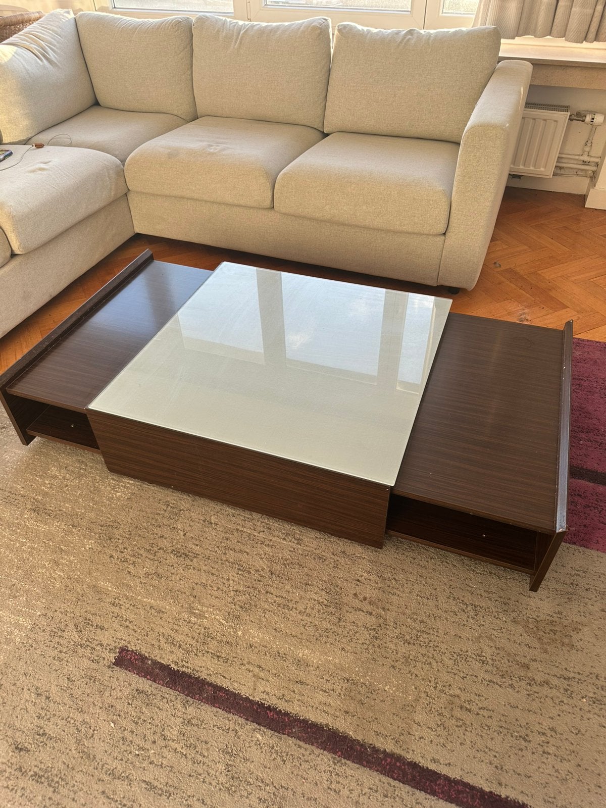 Table basse en bois plateau en verre bleu, 100 à 150 cm, Autres essences de bois, Carré, 100 à 150 cm