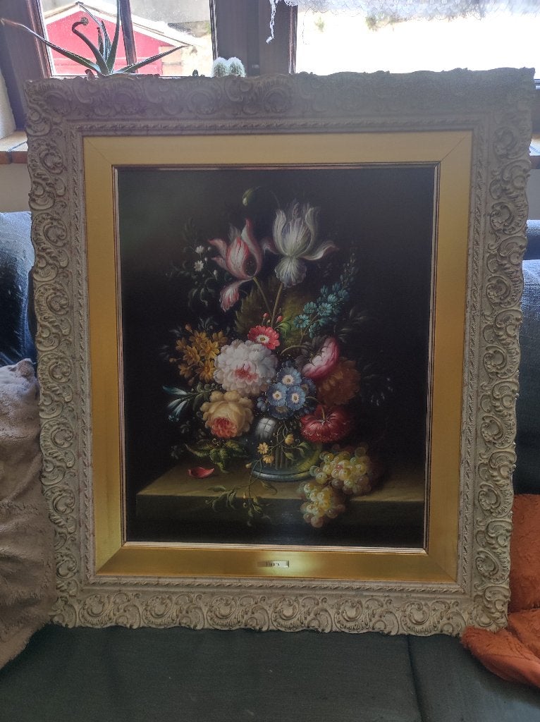 Stilleven (70x60cm) — Gesigneerd HUERTA, Doek, Bijzondere lijst, Stilleven, Ophalen of Verzenden