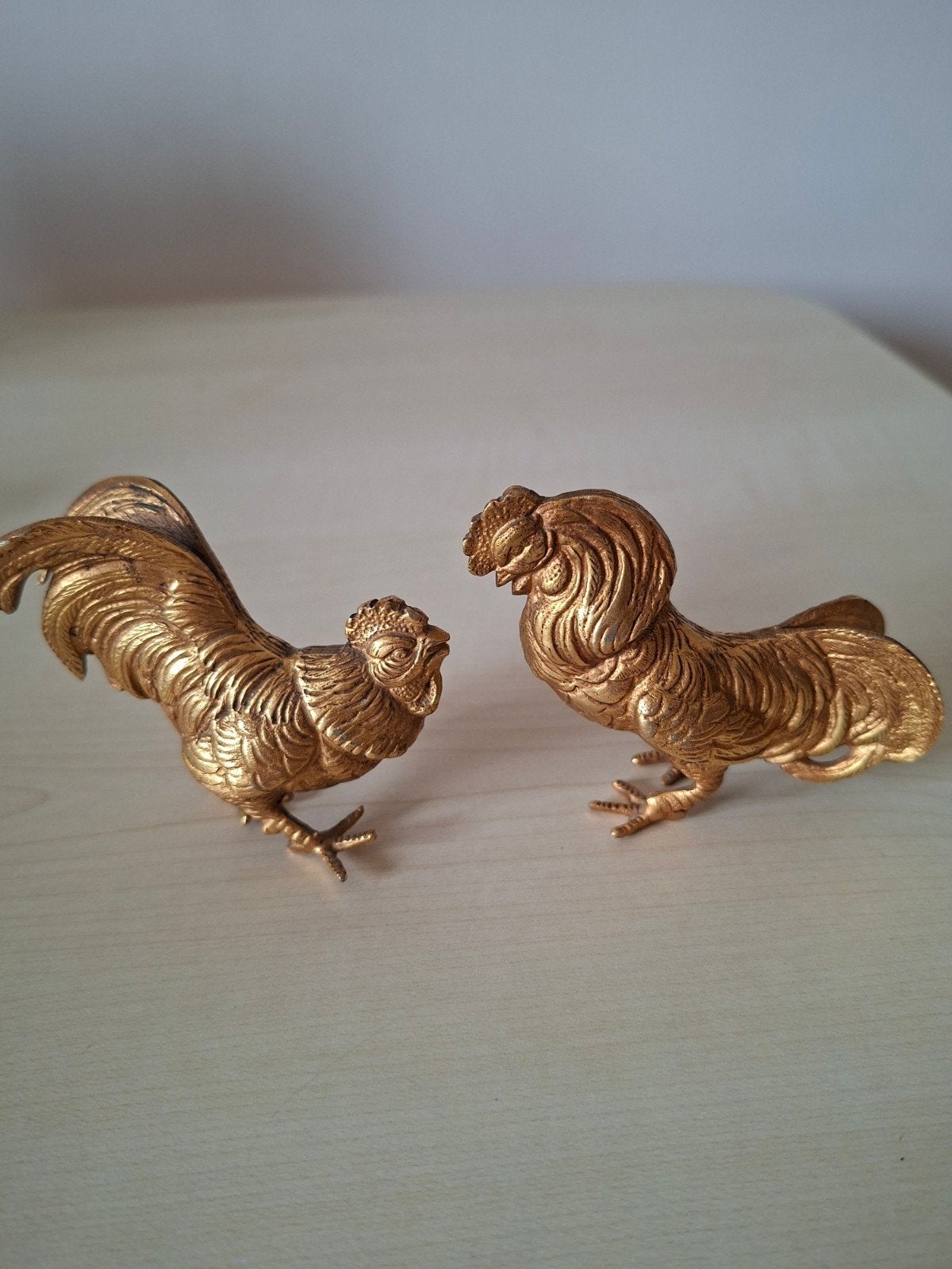 Vintage messing kemphanen/vechtende hanen - Set van 2, Antiek en Kunst, Ophalen, Koper