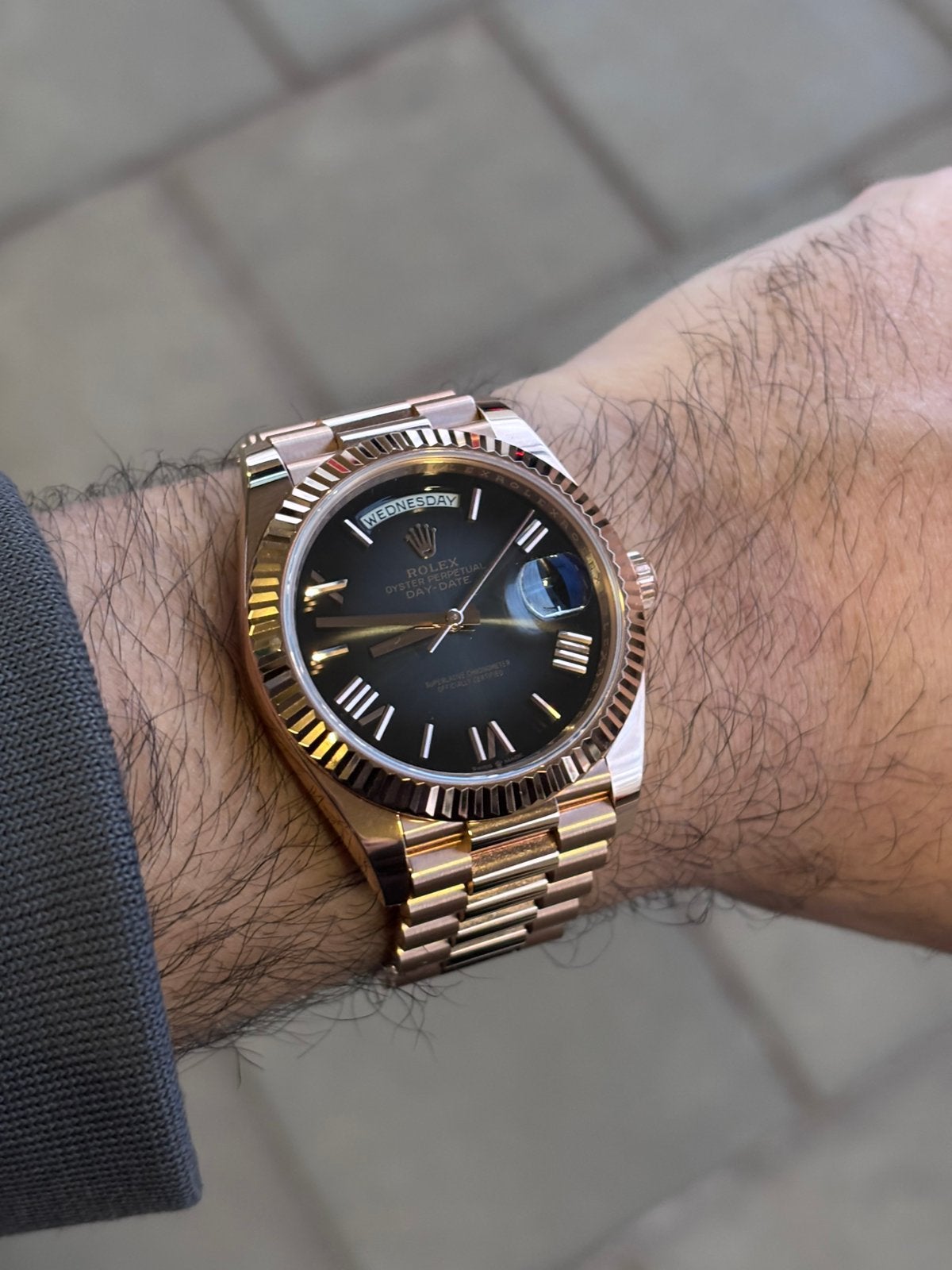 Rolex daydate rose gold gray ombre, Handtassen en Accessoires, Staal, Gebruikt, Polshorloge, Ophalen of Verzenden