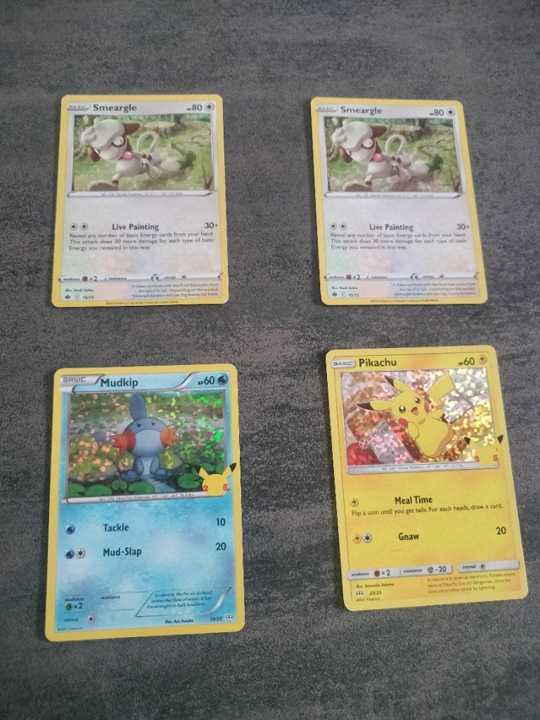 4x Pokémon Kaarten – Pikachu & Mudkip Holo + 2x Smeargle, Enlèvement, Neuf, Plusieurs cartes, Foil