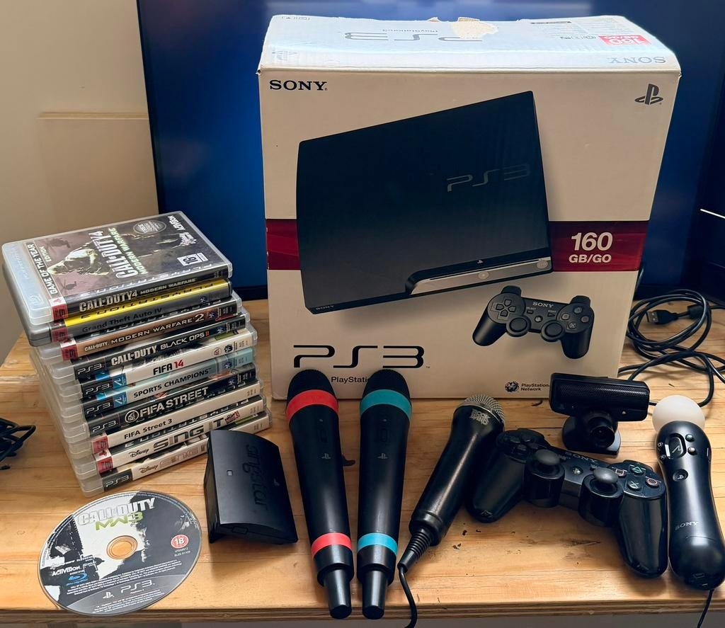 PS3 Slim + 11 Games + SingStar Set + Move Set + Camera + Box, Ophalen, Zo goed als nieuw, Slim