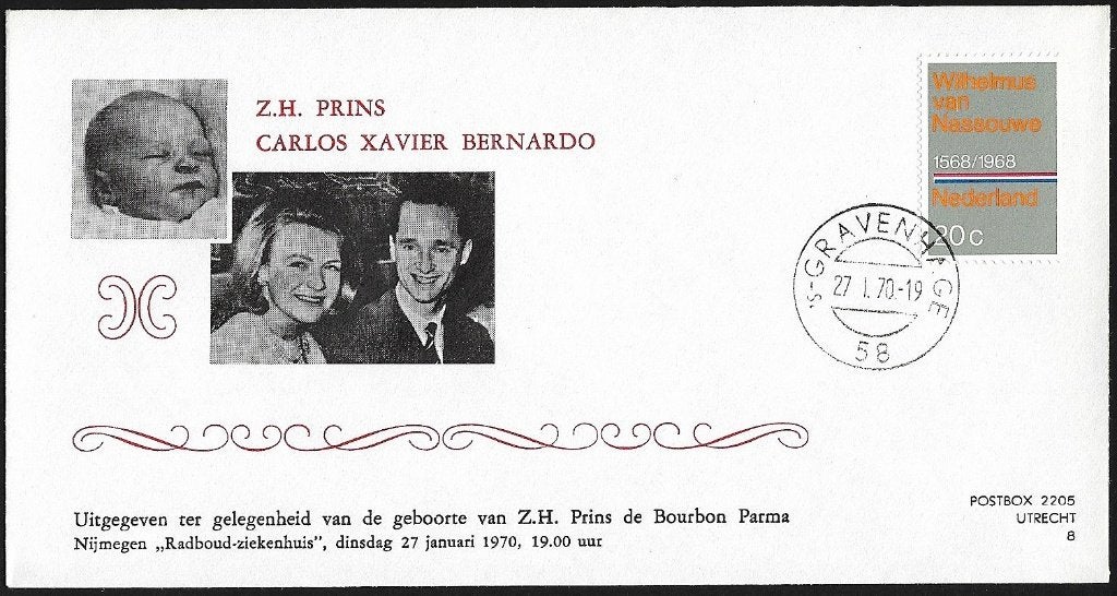 1970 - PAYS-BAS - Env. Naissance de Carlos de Bourbon-Parma, Envoi, Après 1940, Non oblitéré