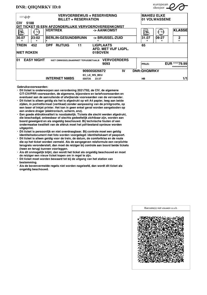 Treinticket Berlijn-Brussel, Eén persoon