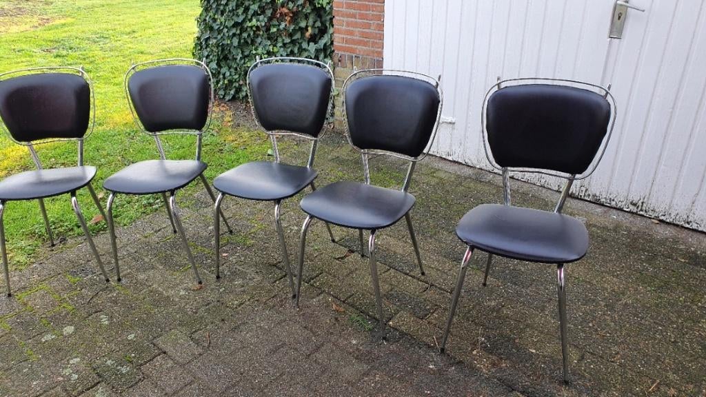 5 Design stoel uit 1950 Kleur Zwart met Chrome met de dunne, Huis en Inrichting, Stoelen, Ophalen, Gebruikt, Zwart, 50 jaren
