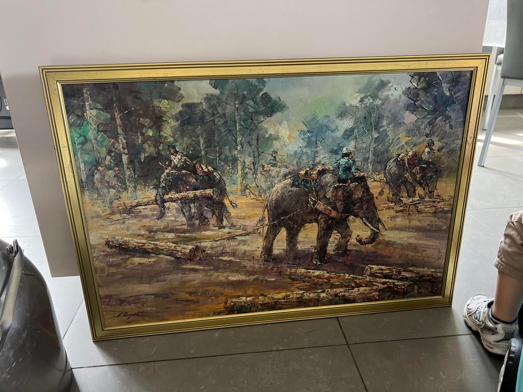 Groot origineel olieverfschilderij – Olifanten, Ophalen