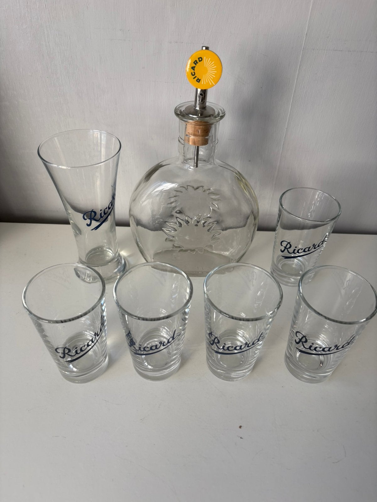 6 oude glazen, karaf en zijn RICARD-kurk, Verzamelen, Ophalen of Verzenden, Zo goed als nieuw