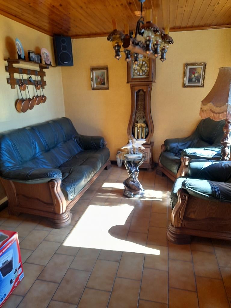 Salon en cuir et bois, Enlèvement, Comme neuf, Bois, Rustique
