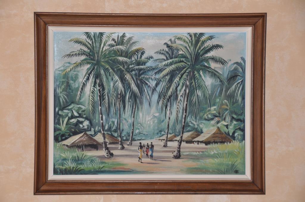 Peinture "Traversée d'un village africain" - Cadre 74x94 cm, Enlèvement