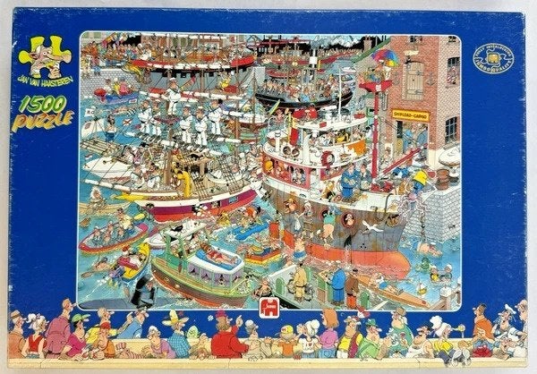 Jan van Haasteren Puzzel 1500 st. de Haven Jumbo compleet, Verzenden, 500 t/m 1500 stukjes, Zo goed als nieuw, Legpuzzel