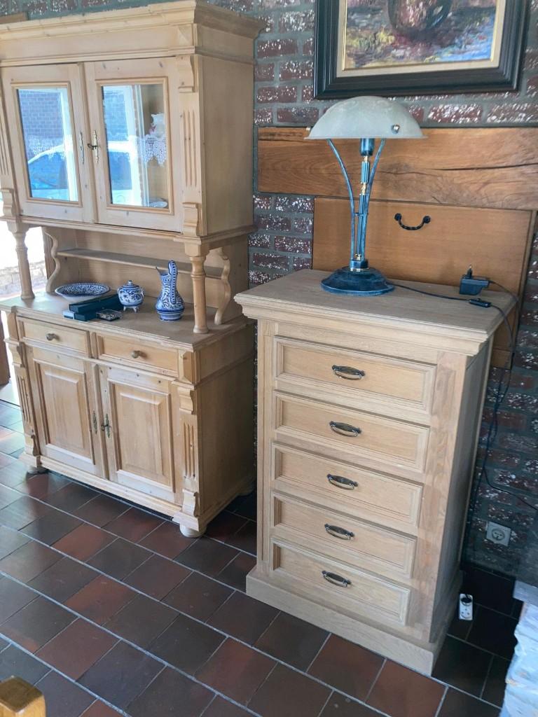 set vitrinekast ladekast, Huis en Inrichting, Ophalen, Gebruikt, Grenenhout, Met deur(en)