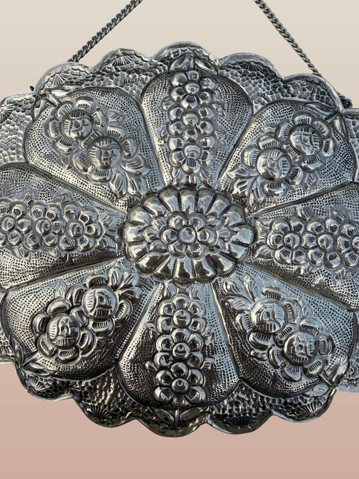 Antieke spiegel in reliëf van 900 sterling zilver, Ophalen of Verzenden, Zilver