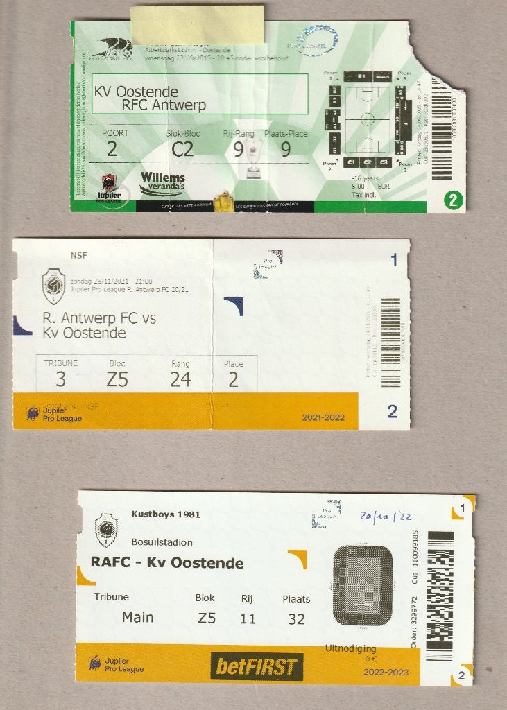 3 tickets Antwerp - KV Oostende : 2015-2021-2022, Ophalen of Verzenden, Gebruikt, Overige typen