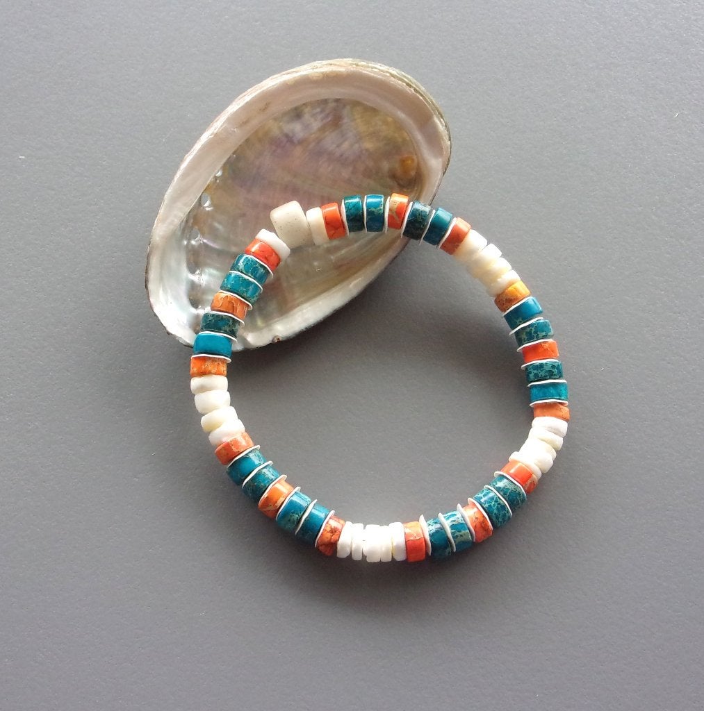 Indiaanse armband voor man of vrouw blauwe en oranje jaspis, Handtassen en Accessoires, Armbanden, Met bedels of kralen, Wit, Nieuw