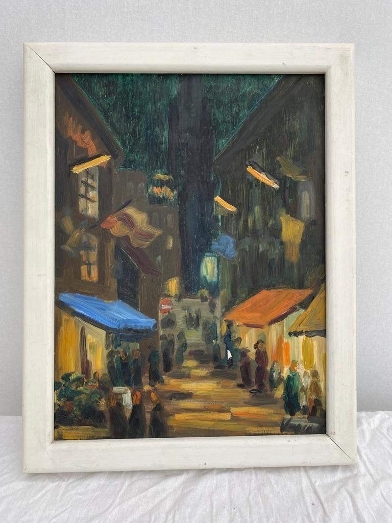Olieverfschilderij houten paneel – sfeervol straatbeeld, Enlèvement, Vintage, Peinture à l'huile, Panneau