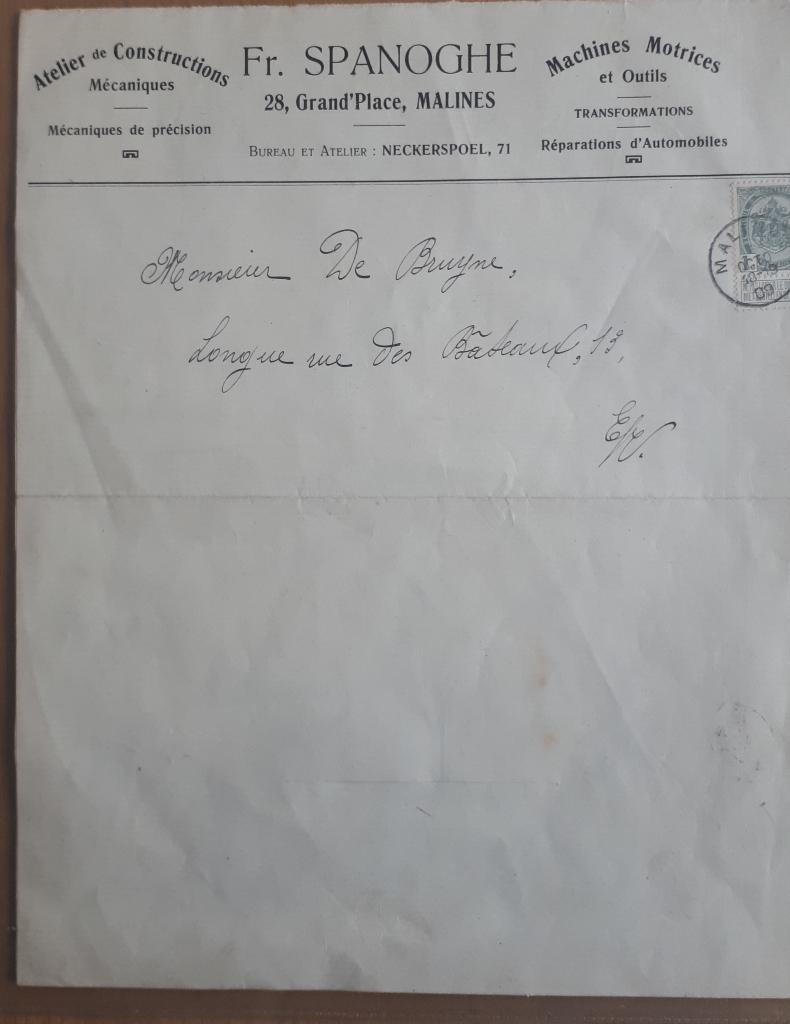 MECHELEN ; Oude Faktuurhoofding Atelier Fr.Spanoghe 1909, Ophalen of Verzenden, Gebruikt