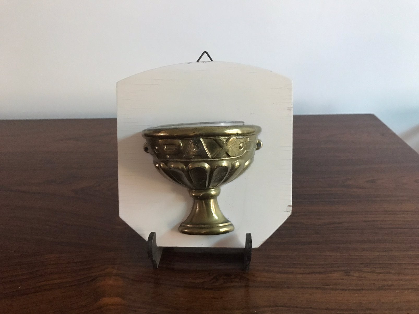Wijwatervat wijwaterbak Pax messing glas hout, Ophalen of Verzenden