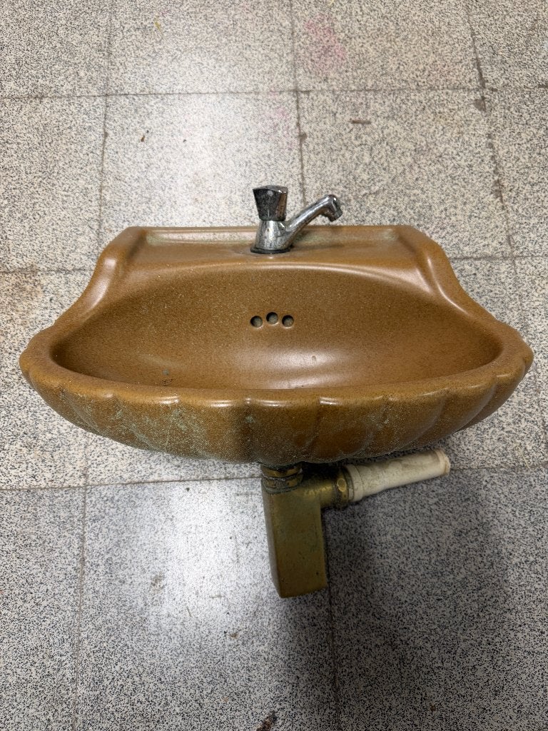 Vintage ARALIA retro lavabo - bruin gespikkeld - kraan+sifon, Bricolage & Construction, Sanitaire, Enlèvement, Utilisé, Pierre
