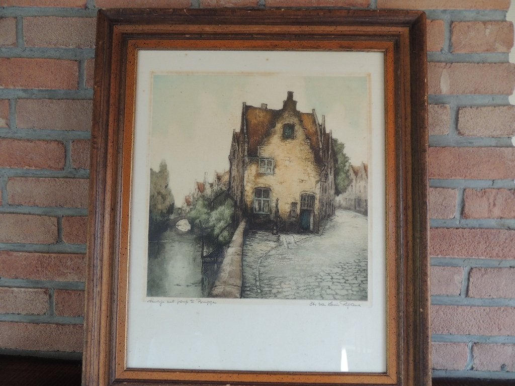 Ets Louis Rigaux  huisje met pomp te Brugge, Antiek en Kunst, Doek, Olieverf, Stads- / dorpsgezicht, Gesigneerd