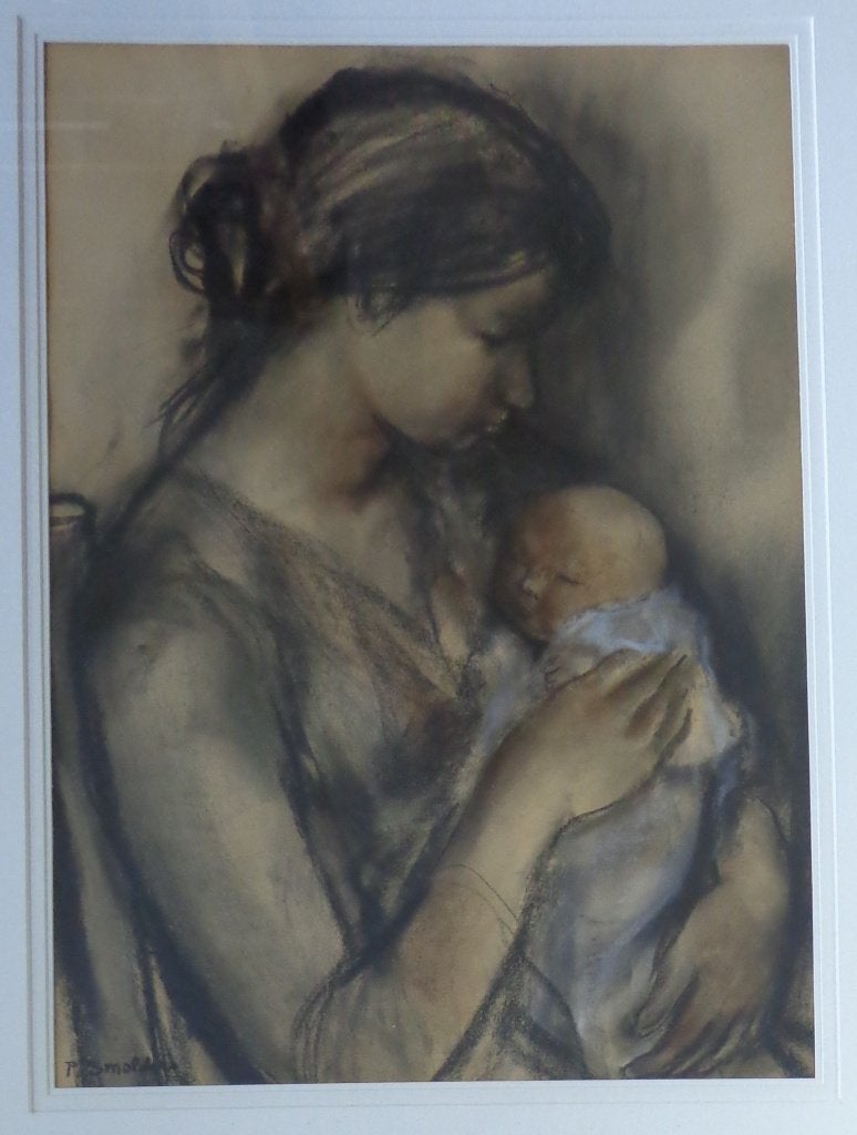 PAUL SMOLDERS / MOEDERSCHAP / ORIGINEEL WERK / 88x68cm KADER, Antiek en Kunst, Ophalen, Figuren, Papier/karton, Gemengde techniek