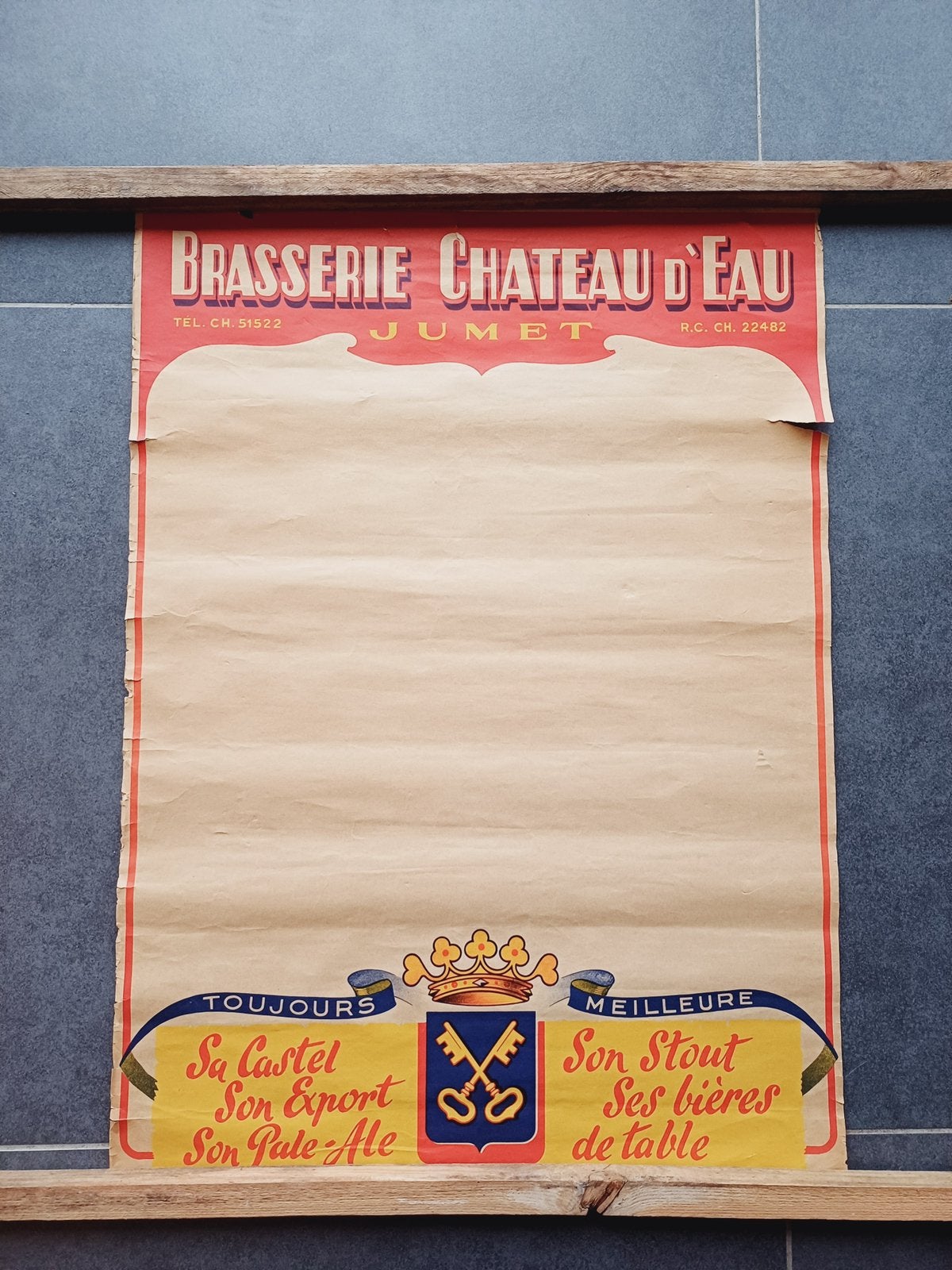Vintage poster Brasserie Château d'Eau Jumet, Ophalen of Verzenden, Gebruikt