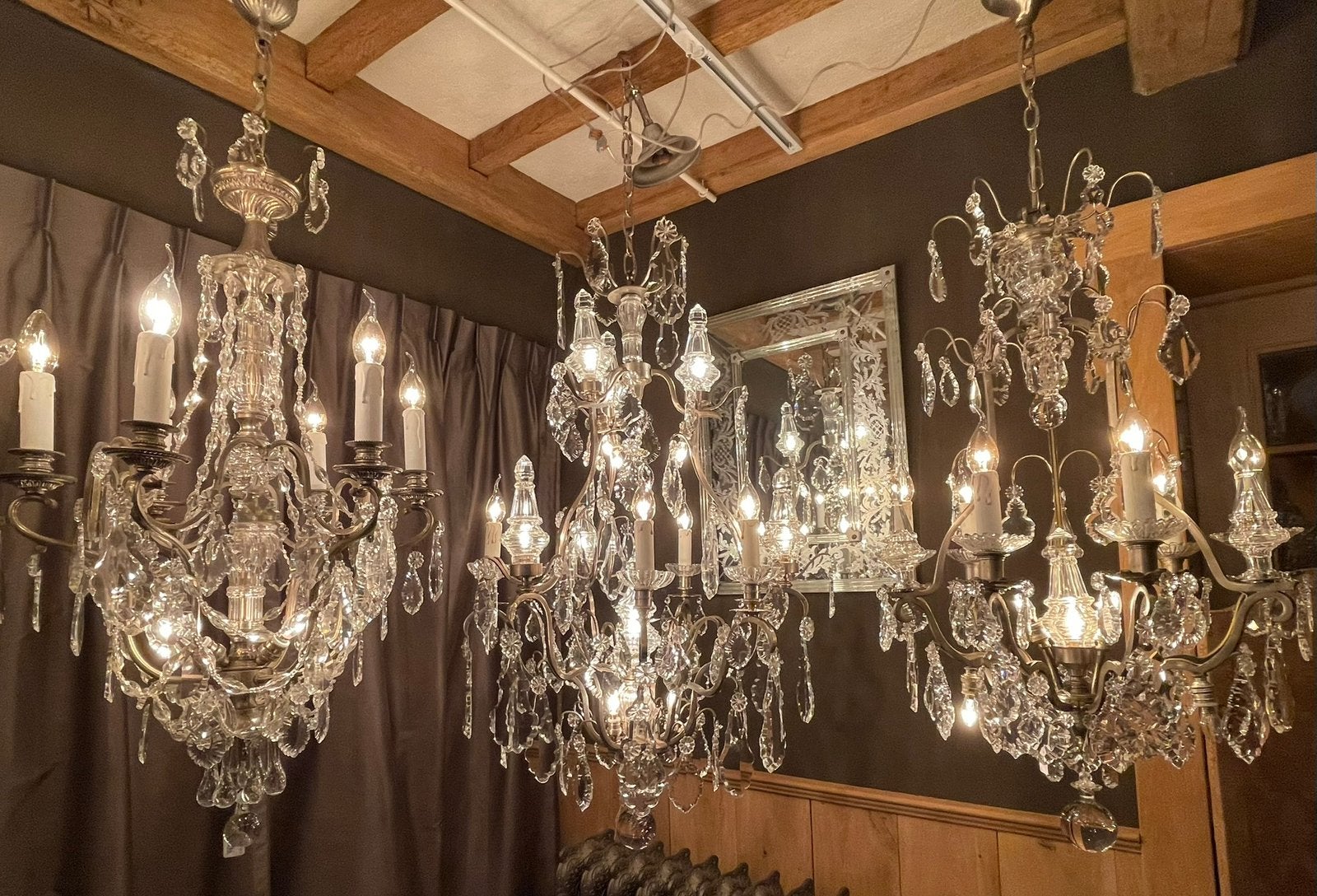 3 zilver/nikkelkleurige Franse gerestaureerde Kroonluchters, Antiek en Kunst, Antiek | Verlichting, Ophalen