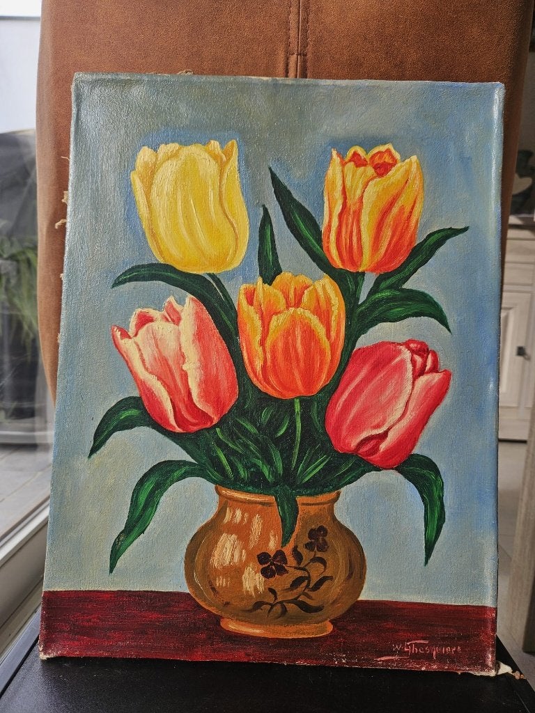 schilderij W.Ghesquière, Peinture à l'huile, Signé, Enlèvement, Fleurs