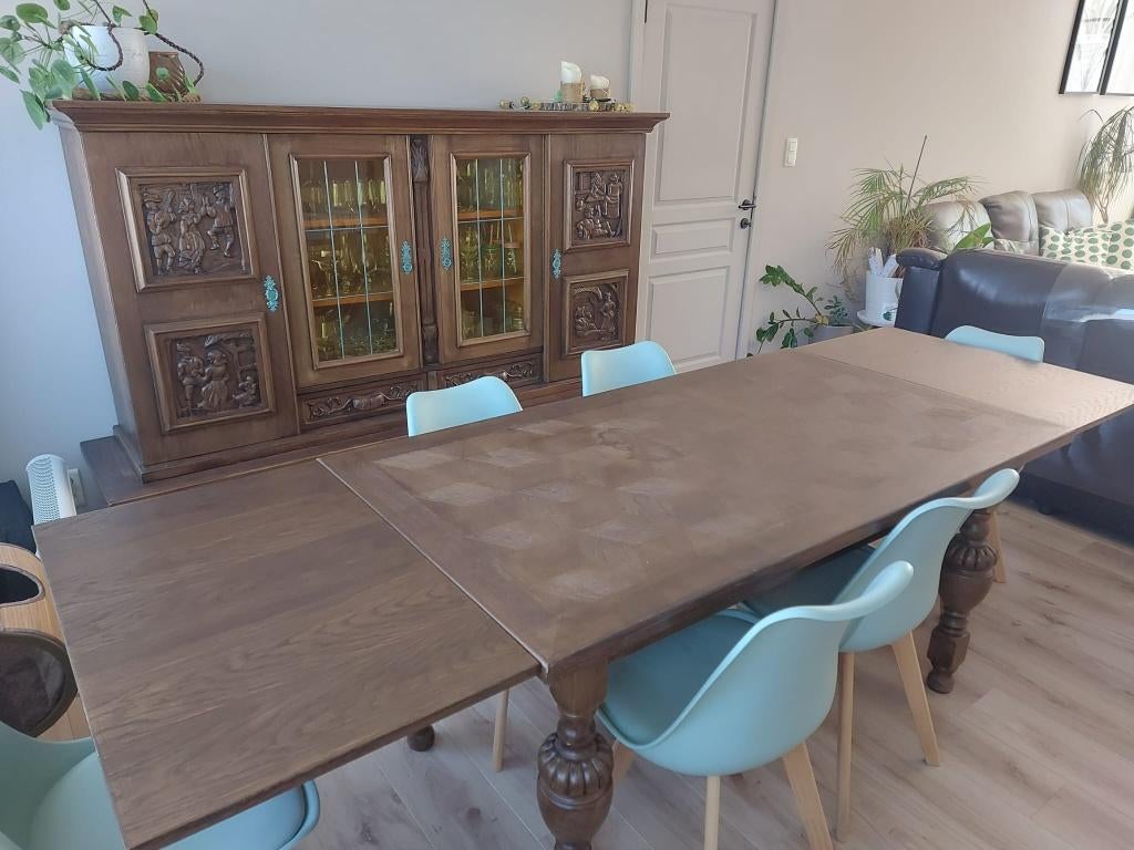 Prachtige Mechelse Buffetkast & Verlengbare Eiken Tafel, Huis en Inrichting, Ophalen, Glas, 200 cm of meer, 50 tot 100 cm