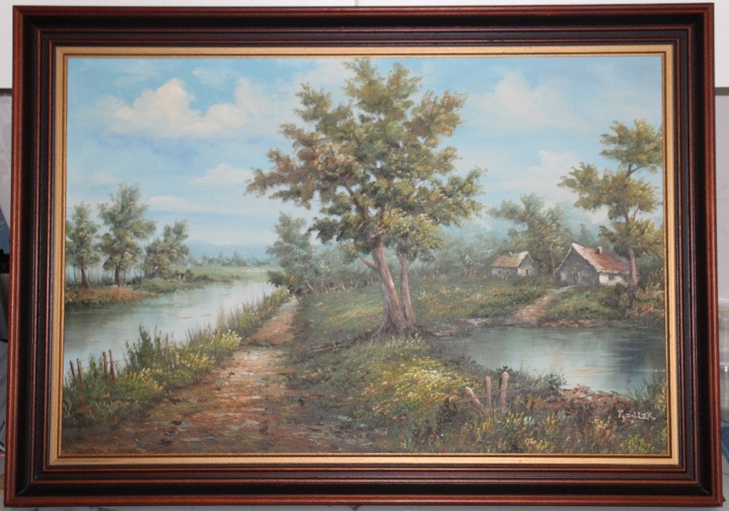 Olieverfschilderij op doek - 20e eeuw (102 cm x 73 cm), Antiquités & Art, Art | Peinture | Classique, Paysage, Enlèvement, Signé