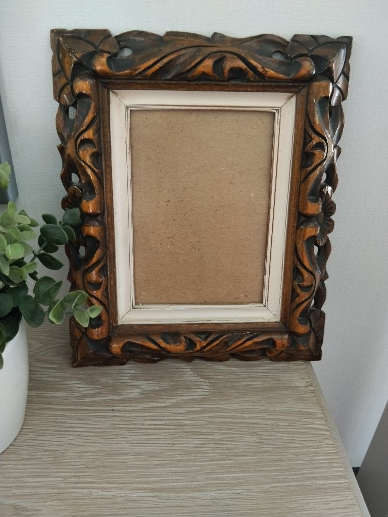 vintage houten fotolijst houtsnijwerk, Ophalen of Verzenden, Zo goed als nieuw, Fotolijst, Met glas