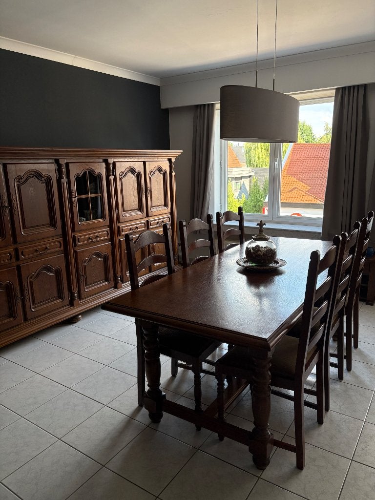 Complete eetkamer donker eiken, Ophalen, Zo goed als nieuw, Klassiek, 6 tot 8 stoelen