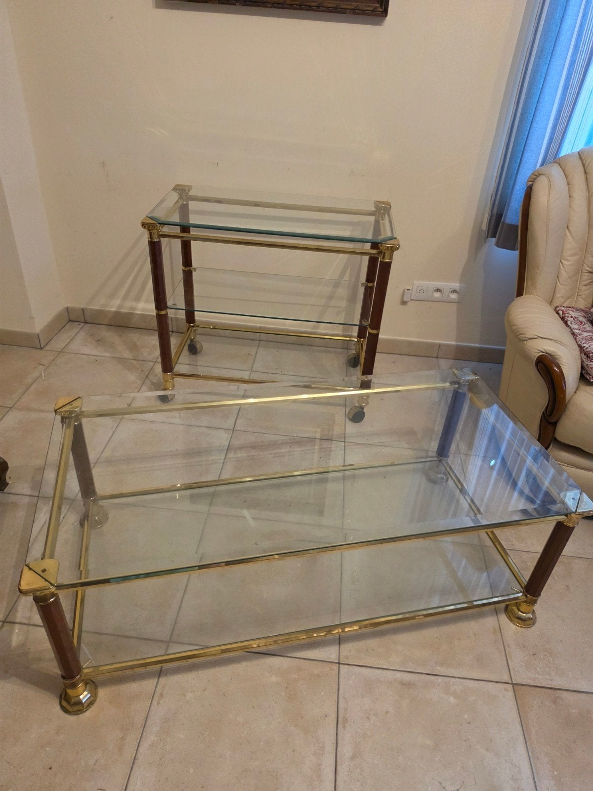 Table basse + desserte vintage verre, laiton et bois, Enlèvement