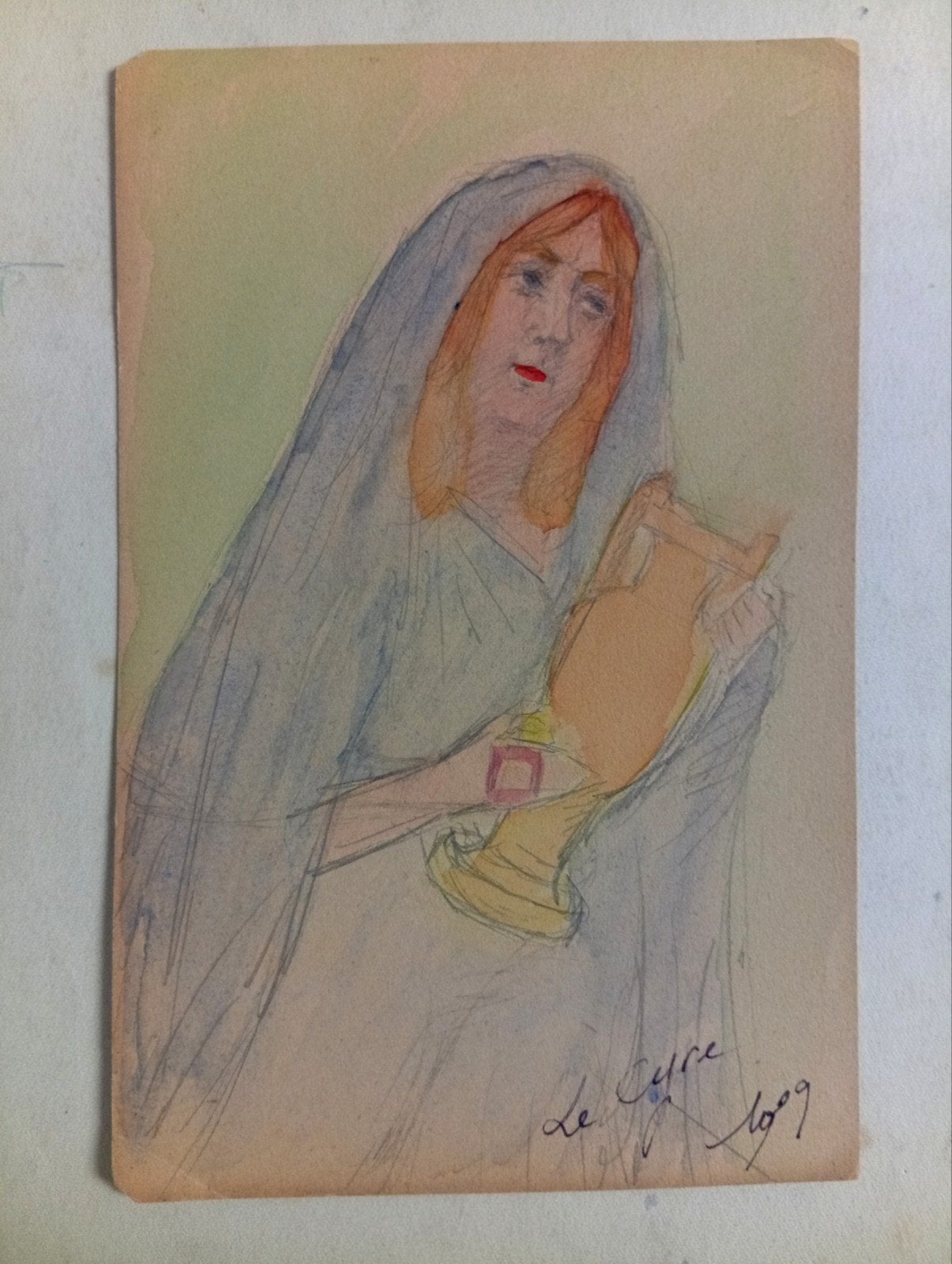 Le Cyre 1909. Fille à l'amphore. Aquarelle signée, Enlèvement ou Envoi
