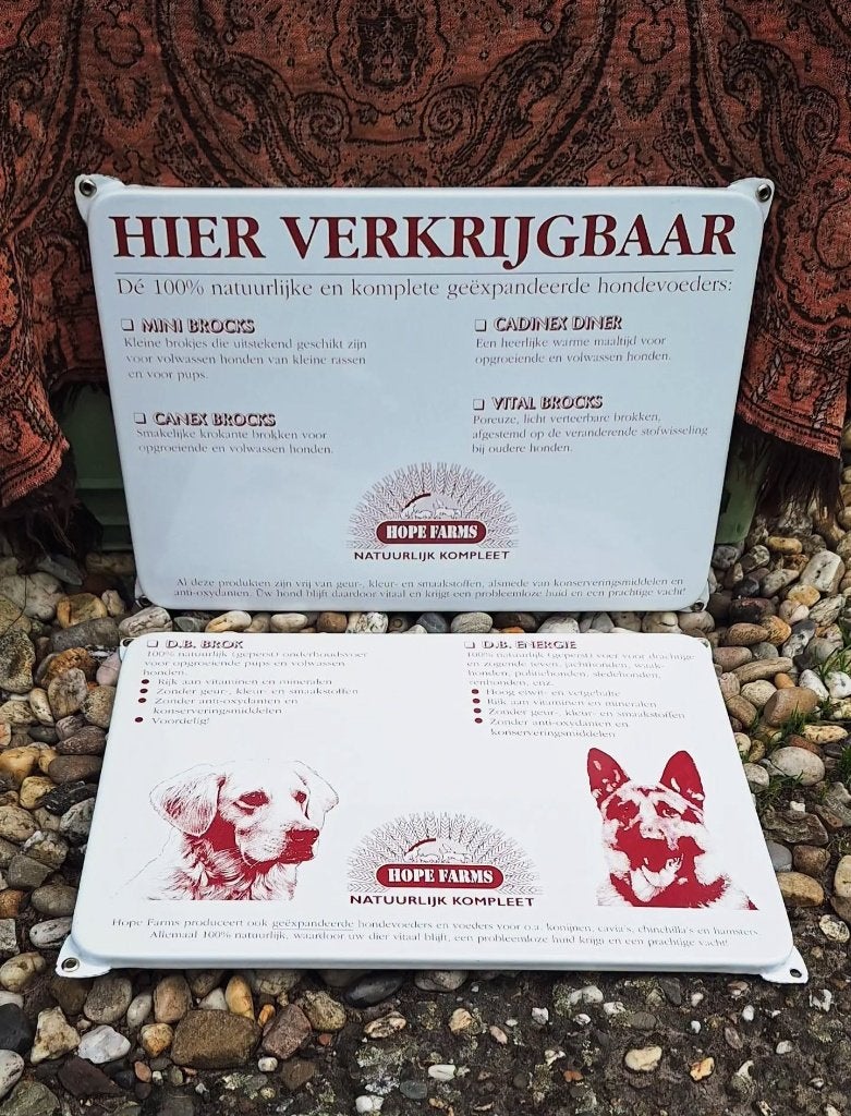 Set van 2 emaille reclameborden voor Hope Farms hondenvoer., Enlèvement ou Envoi, Utilisé, Panneau publicitaire