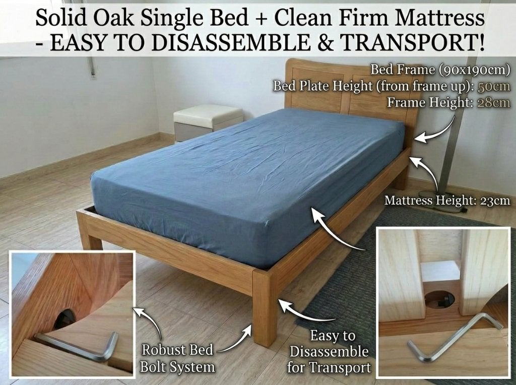 Cadre de lit simple en chêne massif + matelas Clean Firm, 90 cm, Beige, Scandinavian / Nordic, Enlèvement