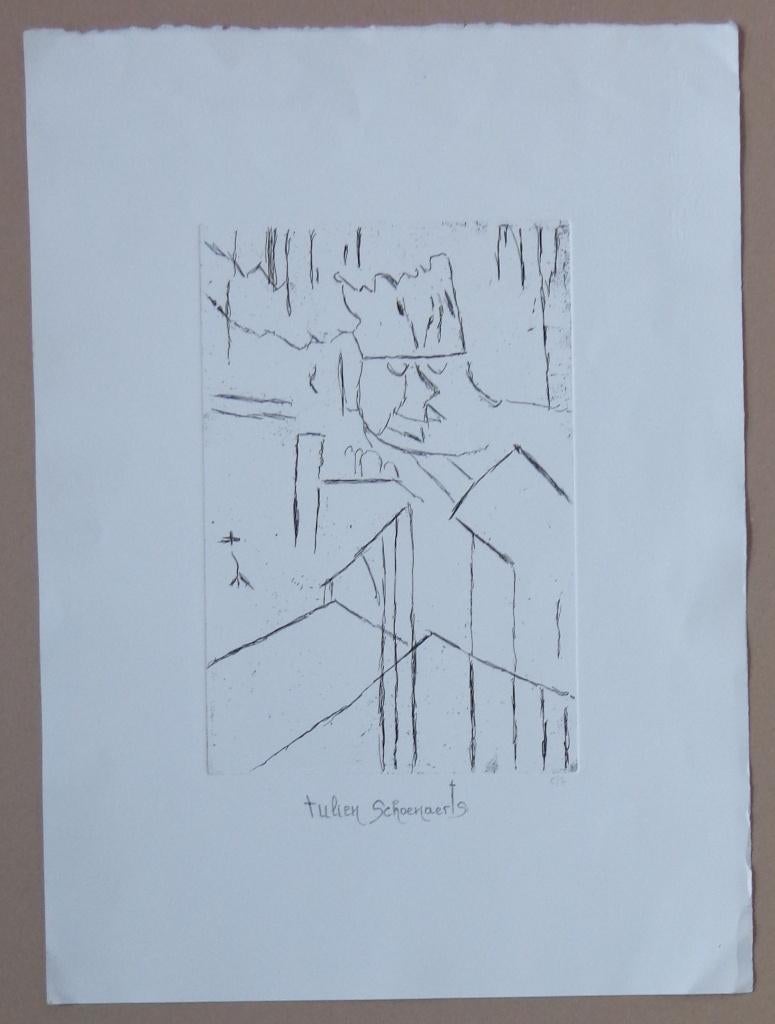 JULIEN SCHOENAERTS / MAN MET KROON / ZW-W ETS / 52x38cm SIG, Antiek en Kunst, Kunst | Litho's en Zeefdrukken, Gesigneerd, Ophalen of Verzenden