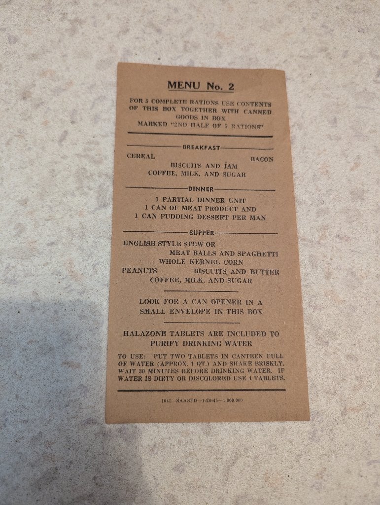Menu papier carton ration us ww2 First Half second half, Envoi, Armée de terre, Livre ou Revue
